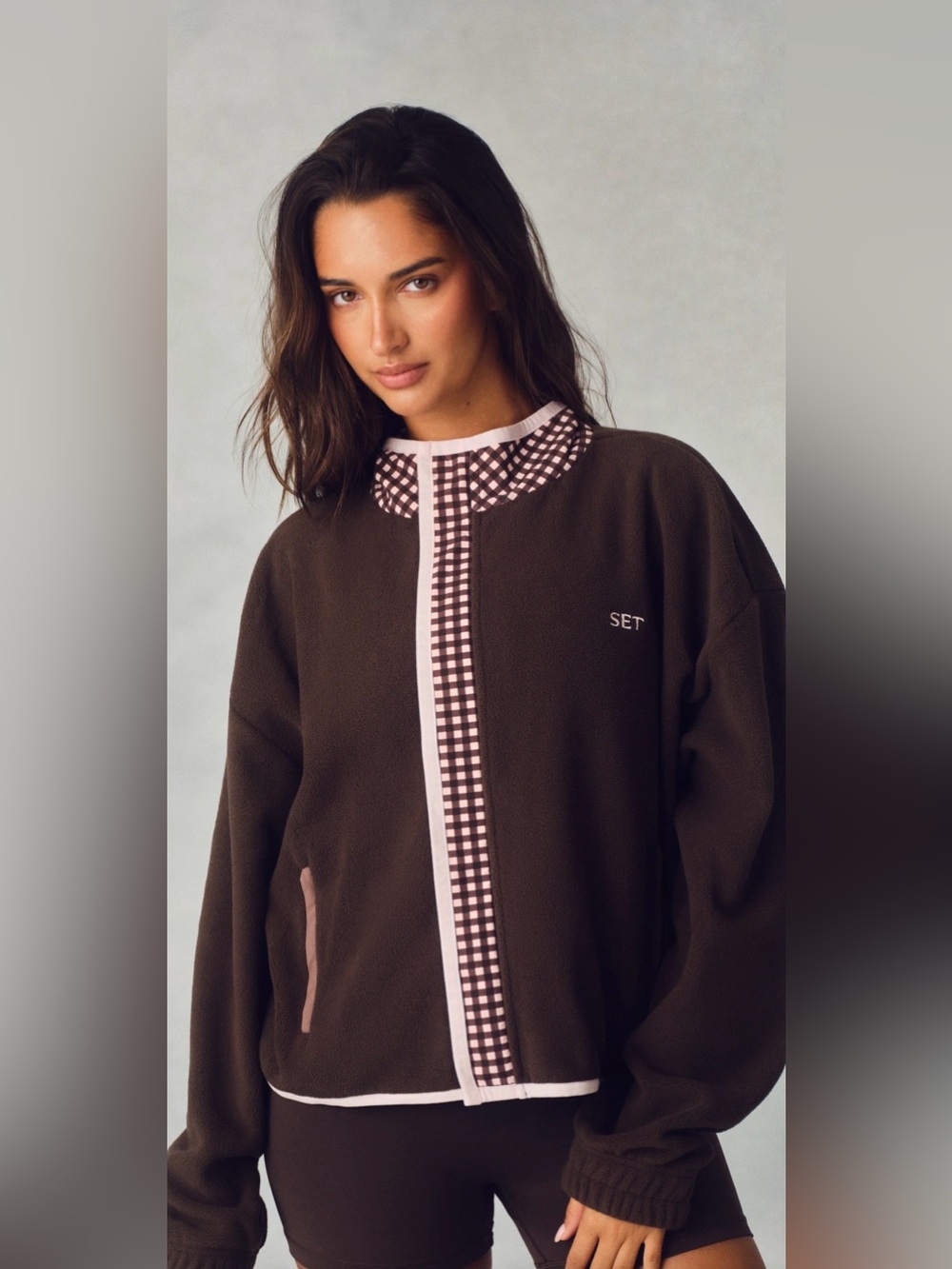SET Active Brown Fleece Jacket with Pink Trim